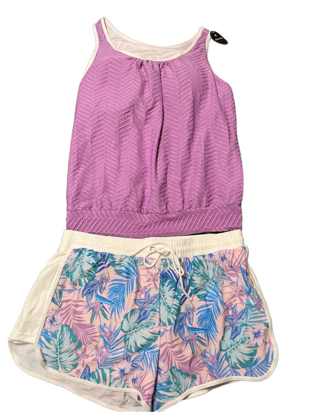 NEW AIDONGER Tankini Bathing Suit 2pc Set XL - Purple Tank + Tropical Floral Sho